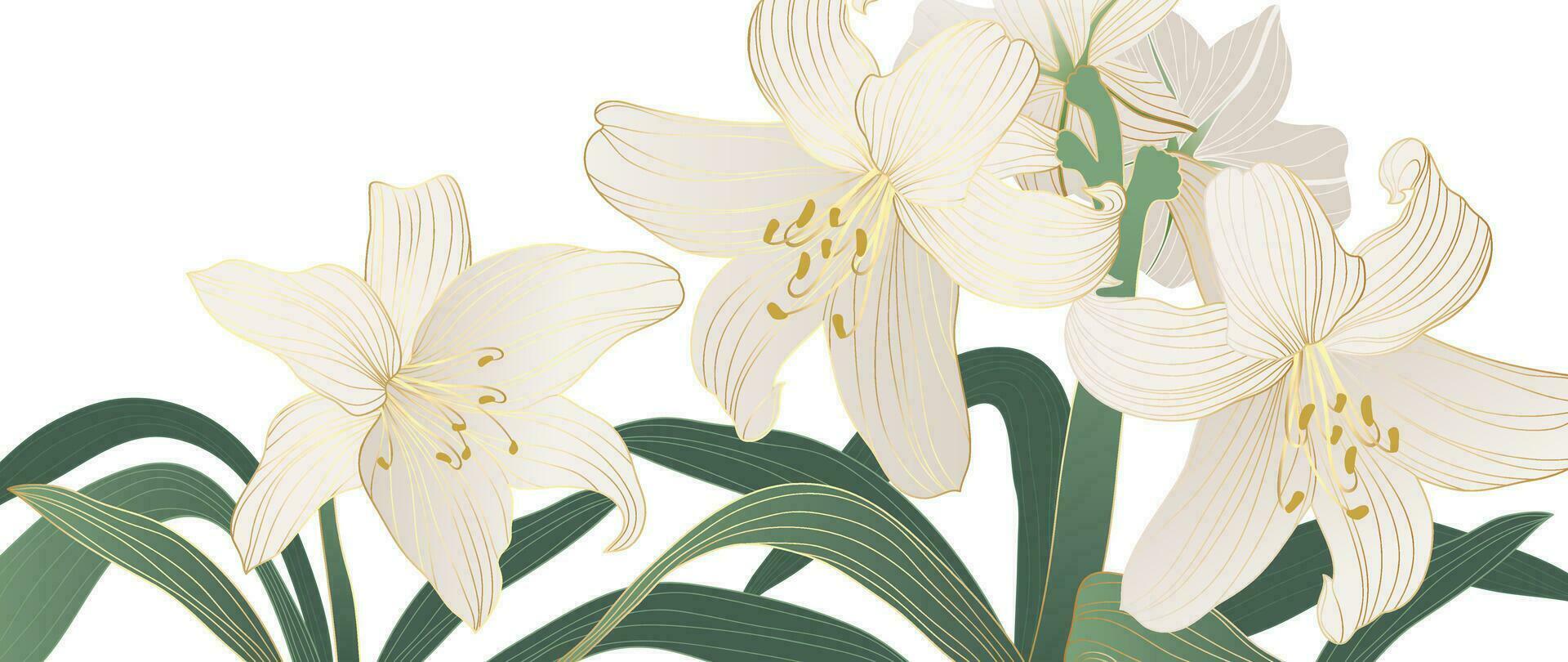 luxe gouden lelie bloem lijn kunst achtergrond vector. natuurlijk botanisch elegant bloem met goud lijn kunst. ontwerp illustratie voor decoratie, muur decor, behang, omslag, banier, poster, kaart. vector