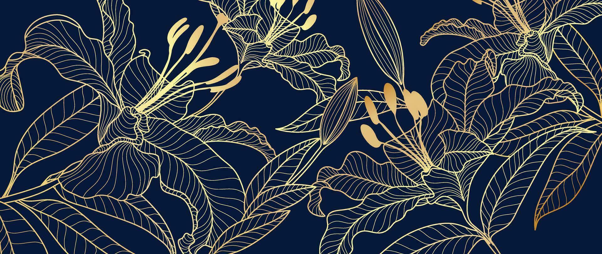 luxe gouden lelie bloem lijn kunst achtergrond vector. natuurlijk botanisch elegant bloem met goud lijn kunst. ontwerp illustratie voor decoratie, muur decor, behang, omslag, banier, poster, kaart. vector