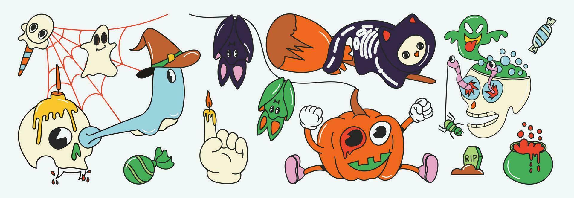 gelukkig halloween dag jaren 70 groovy vector. verzameling van geest karakter, tekening glimlach gezicht, pompoen, schedel, spin, knuppel, kat, geest, worm, graf. schattig retro groovy hippie ontwerp voor decoratief, sticker. vector