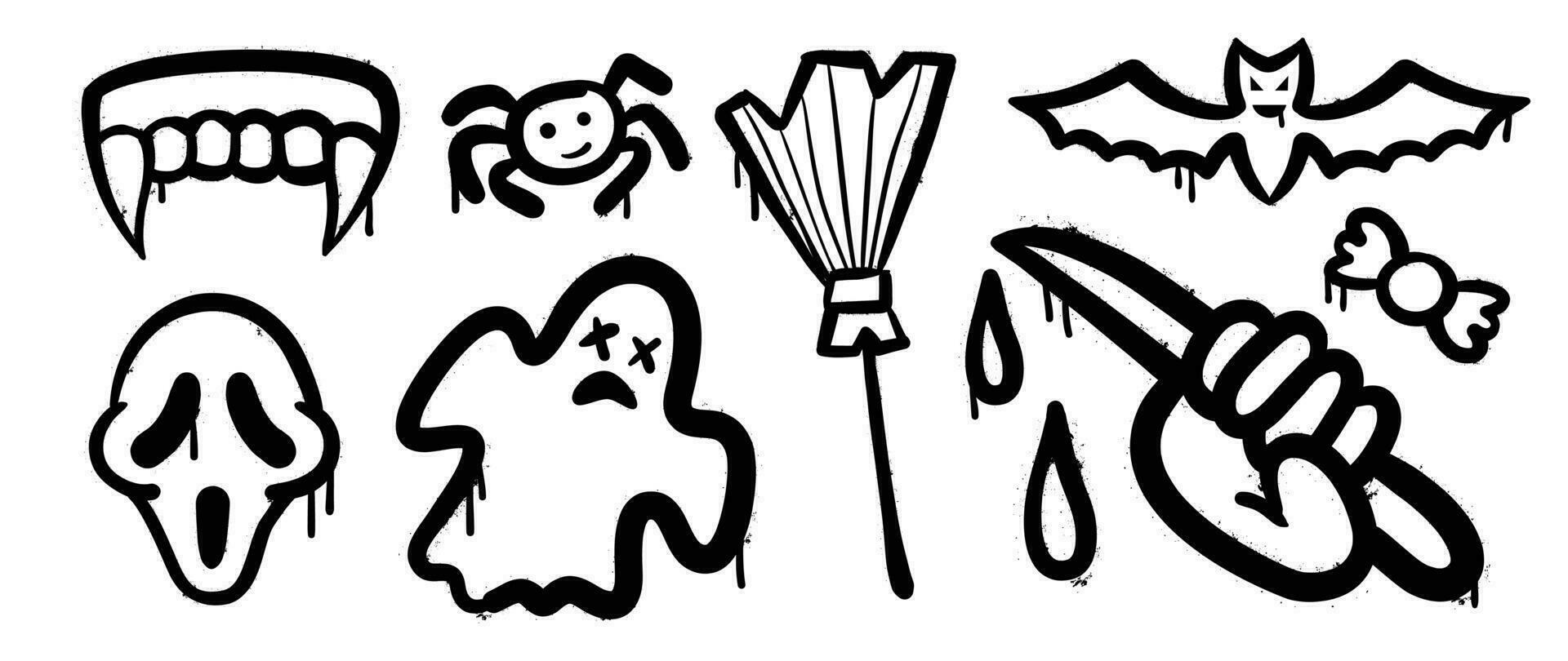 reeks van graffiti verstuiven patroon. verzameling van halloween symbolen, geest, schedel, snoep, knuppel, mes, spin met verstuiven textuur. elementen Aan wit achtergrond voor sticker, banier, decoratie, straat kunst. vector