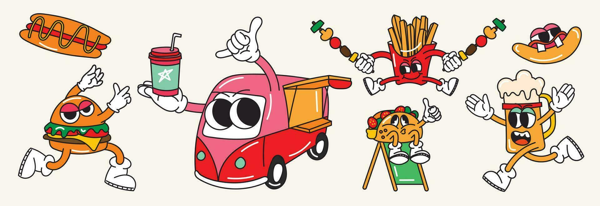 reeks van jaren 70 groovy element voedsel vrachtauto concept vector. verzameling van tekenfilm karakter, tekening glimlach gezicht, Hamburger, taco salade, bier, Sandwich. schattig retro groovy hippie ontwerp voor decoratief, sticker. vector