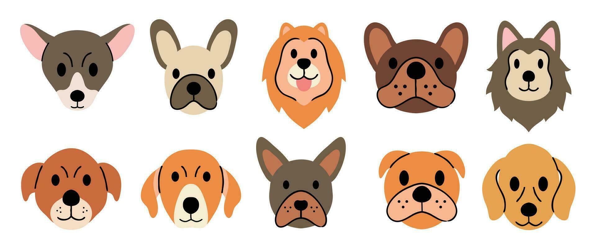 schattig en glimlach hond hoofden tekening vector set. grappig gelukkig hond gezichten karakter ontwerp van buldog, leeuw, wolf met vlak kleur geïsoleerd Aan wit achtergrond. ontwerp illustratie voor sticker, grappig, afdrukken.