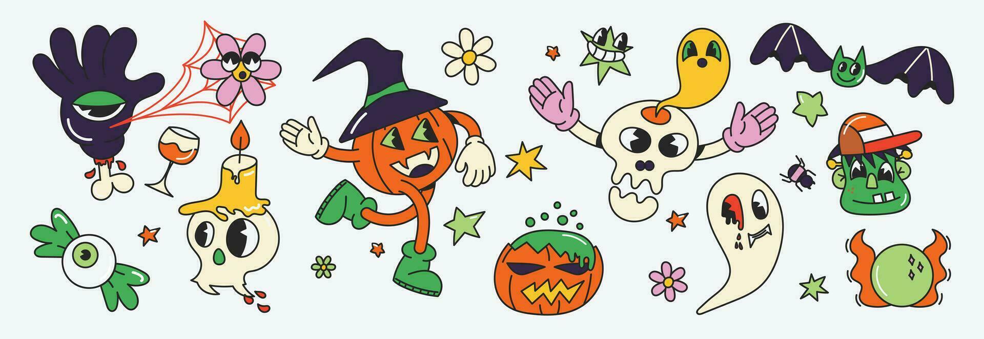 gelukkig halloween dag jaren 70 groovy vector. verzameling van geest karakters, tekening glimlach gezicht, pompoen, schedel, spin, wijn, kaars, knuppel, zombie. schattig retro groovy hippie ontwerp voor decoratief, sticker. vector