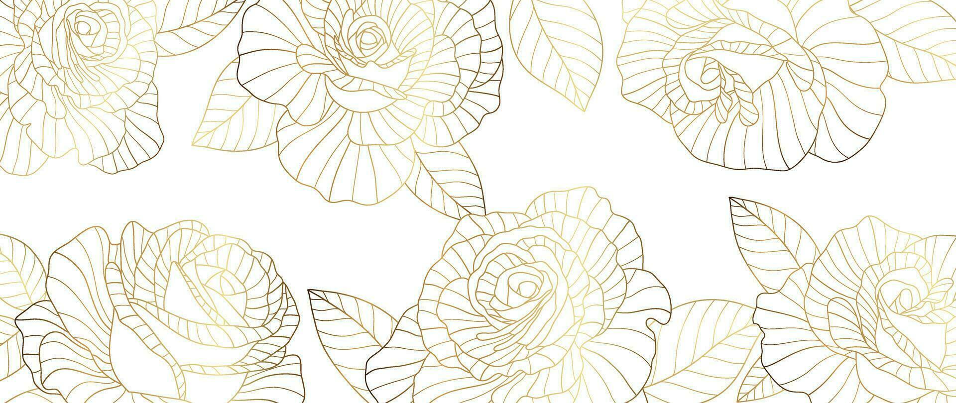 luxe gouden roos bloem lijn kunst achtergrond vector. natuurlijk botanisch elegant bloem met goud lijn kunst. ontwerp illustratie voor decoratie, muur decor, behang, omslag, banier, poster, kaart. vector