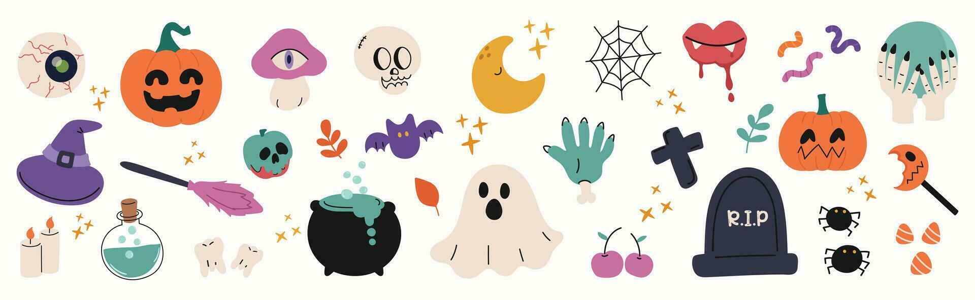 gelukkig halloween dag element achtergrond vector. schattig verzameling van spookachtig geest, pompoen, knuppel, lolly, graf, schedel, paddestoel, geest. aanbiddelijk halloween festival elementen voor decoratie, afdrukken. vector