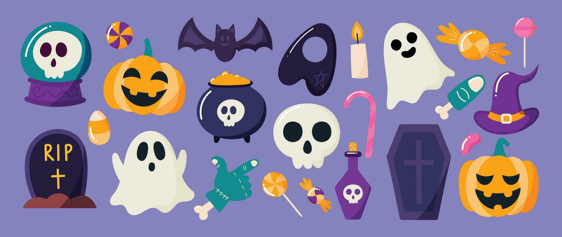 gelukkig halloween dag element achtergrond vector. schattig verzameling van spookachtig geest, pompoen, knuppel, lolly, ketel, kist, graf, schedel. aanbiddelijk halloween festival elementen voor decoratie, afdrukken. vector