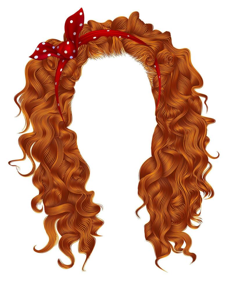 lang gekruld haren met rood boog. gember roodharige kleuren . schoonheid mode stijl . pruik . vector