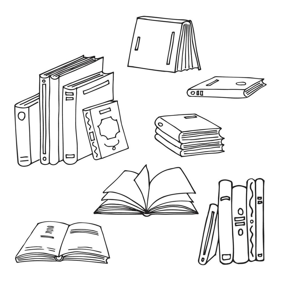 boeken hand- getrokken tekening vector illustratie geïsoleerd wit achtergrond. de concept van nieuwsgierigheid, studie, lezing, wetenschap, bibliotheek, leren, boekhandel, school, literatuur. voor ontwerp, afdrukken, papier, kaart