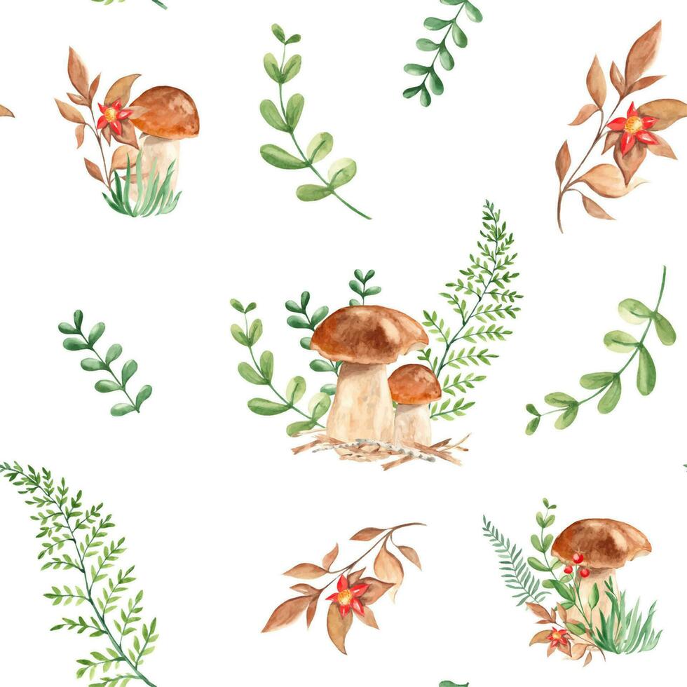 naadloos waterverf patroon met porcini paddestoelen, varen, groen takken en rood bloem. botanisch zomer hand- getrokken illustratie. kan worden gebruikt voor geschenk omhulsel papier, keuken textiel vector