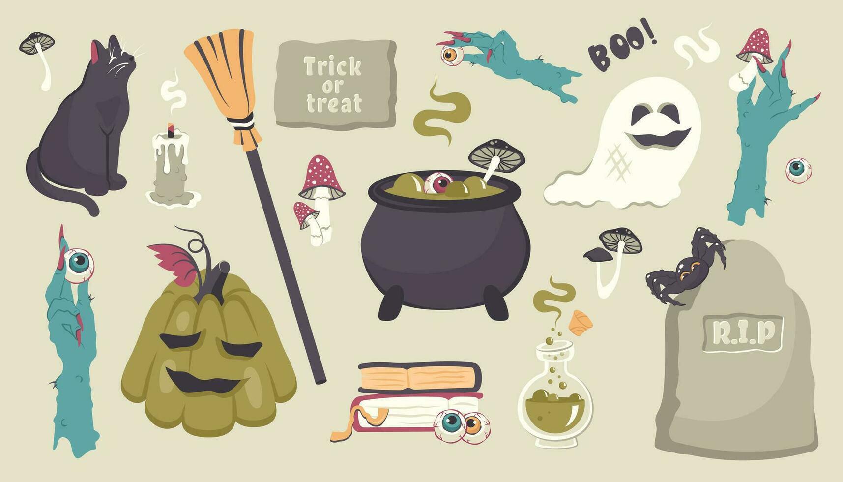 gelukkig halloween. reeks van hand- getrokken, spookachtig tekens en elementen geïsoleerd. pompoen, geest, spin, kaars, magie heksen' brouwen, graf, paddestoelen, ogen, spellen boek. vector tekenfilm illustratie