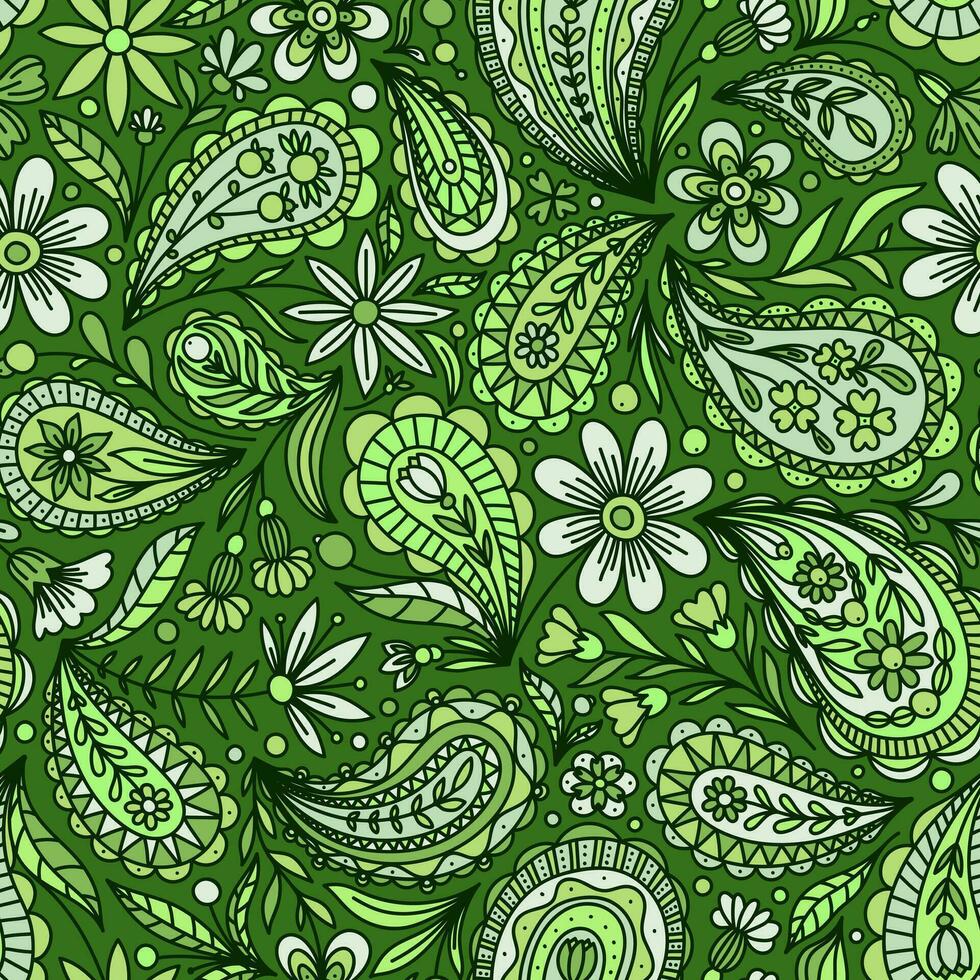 groen vector naadloos achtergrond met veelkleurig bloemen paisley ornament