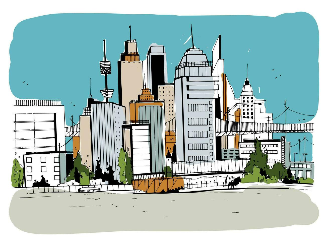 megalopolis stad, straat illustratie. hand- getrokken kleurrijk schetsen landschap met gebouwen, stadsgezicht, kantoor in schets stijl. retro ansichtkaart ontwerp. vector