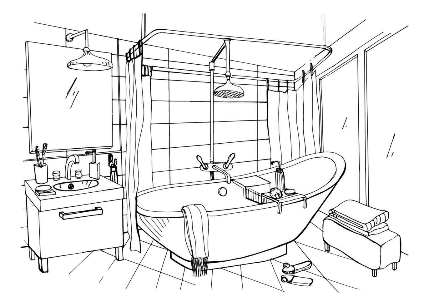 hand- getrokken modern badkamer interieur ontwerp. vector schetsen illustratie.