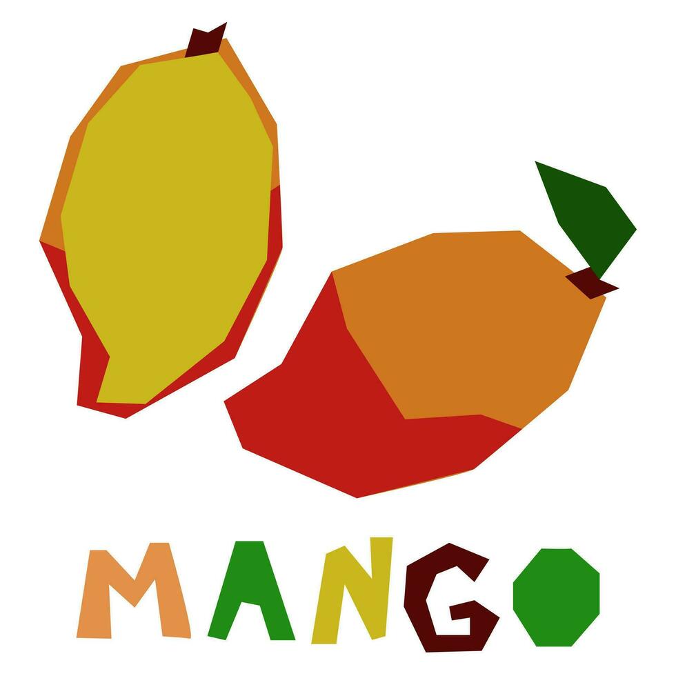 een mango, geheel en in sectie, is gemarkeerd Aan een wit achtergrond. de origineel handtekening is mango. sappig zomer fruit voor biologisch voedsel verpakking. meetkundig gestileerde vlak vector illustratie