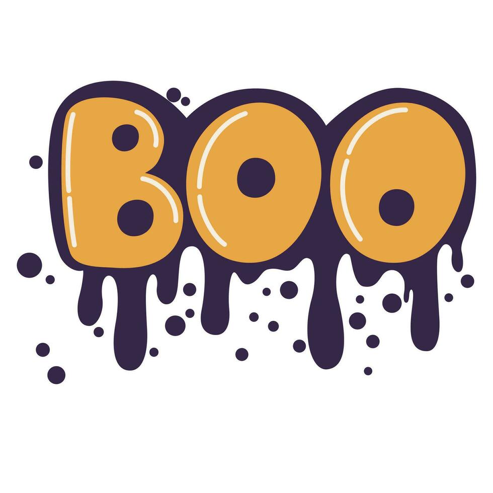 gelukkig halloween. boe belettering kort leuze citaat in schattig retro graffiti stijl. bubbel hand- getrokken brieven met zwart beroerte en strepen van verf spatten. vector illustratie