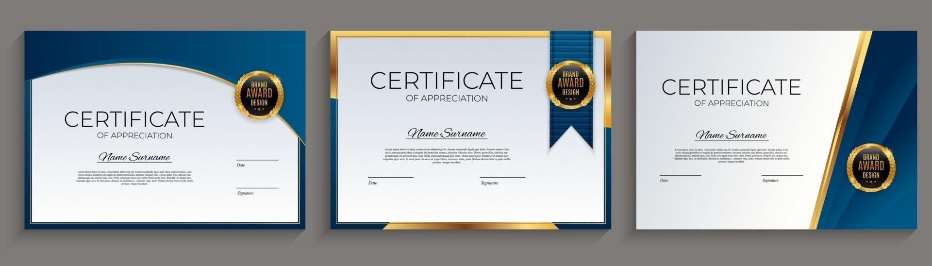 blauwe en gouden certificaat van prestatie sjabloon achtergrond met gouden badge en rand. award diploma ontwerp leeg. vector illustratie eps10