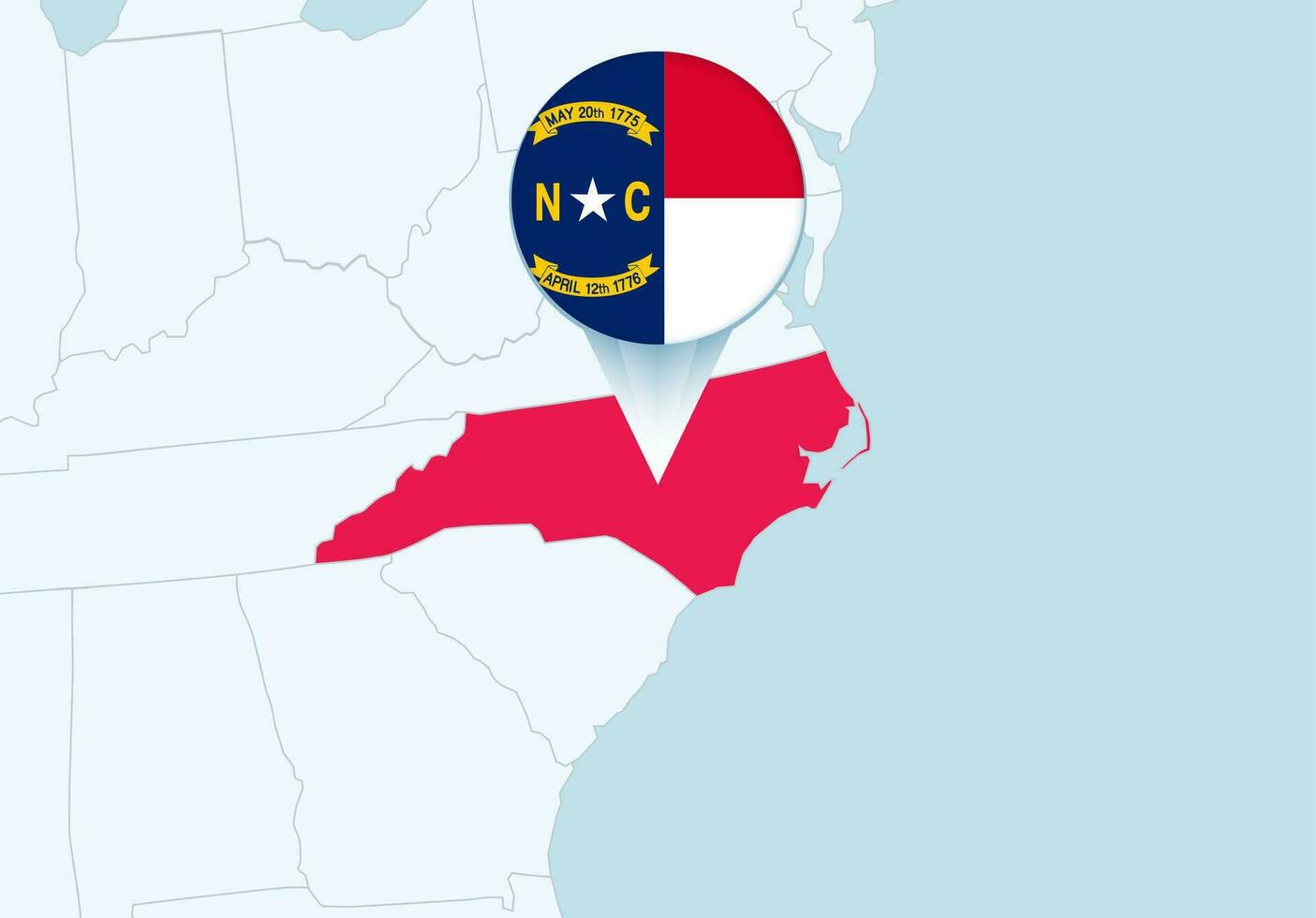 Verenigde staten met geselecteerd noorden carolina kaart en noorden carolina vlag icoon. vector