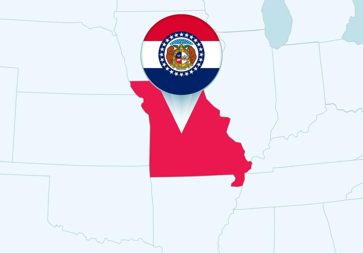 Verenigde staten met geselecteerd Missouri kaart en Missouri vlag icoon. vector