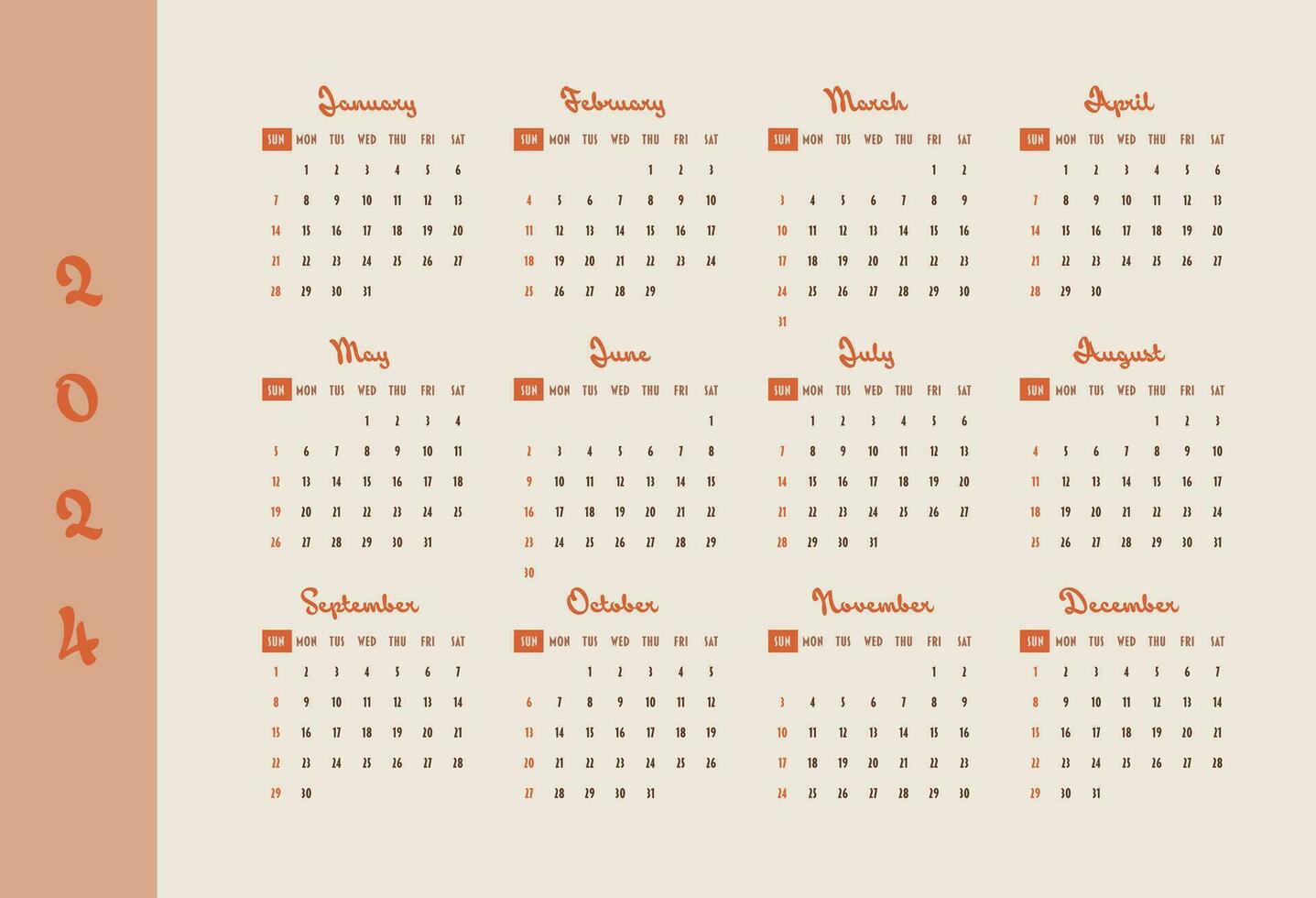 kalender 2024 jaar. week begint Aan zondag. ontwerp voor planner, afdrukken, briefpapier, organisator. vector