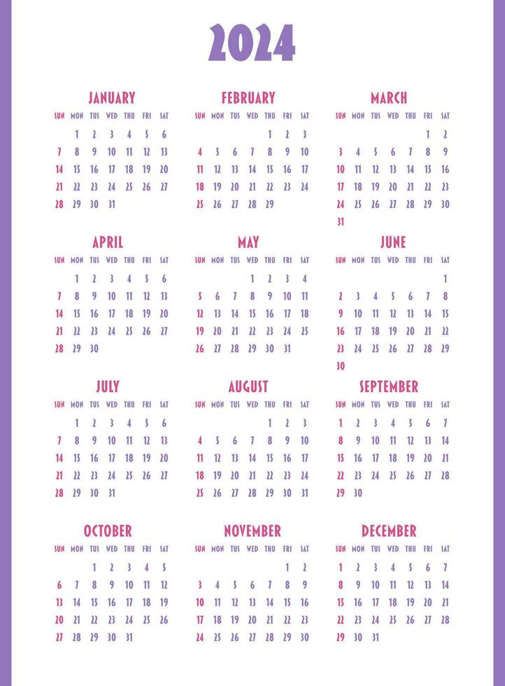 kalender 2024 jaar. week begint Aan zondag. ontwerp voor planner, afdrukken, briefpapier, organisator. vector