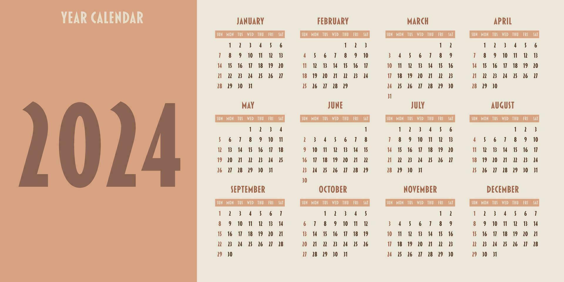 kalender 2024 jaar. week begint Aan zondag. ontwerp voor planner, afdrukken, briefpapier, organisator. vector