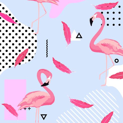 Trendy pastelkleurachtergrond met flamingovogels en veren vector