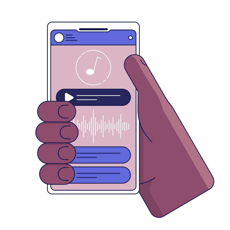 Holding smartphone vlak lijn concept vector plek illustratie. luisteren naar muziek. afspeellijst Aan scherm 2d tekenfilm schets hand- Aan wit voor web ui ontwerp. bewerkbare geïsoleerd kleur held beeld