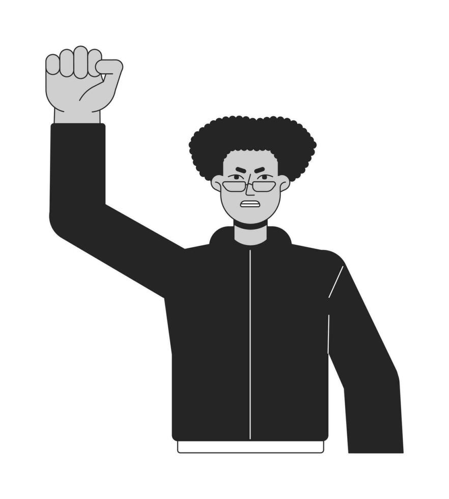 boos Mens vlak lijn zwart wit vector karakter. verhogen hand- omhoog. Mens protesteren, balanceren vuist. bewerkbare schets vol lichaam persoon. gemakkelijk tekenfilm geïsoleerd plek illustratie voor web grafisch ontwerp