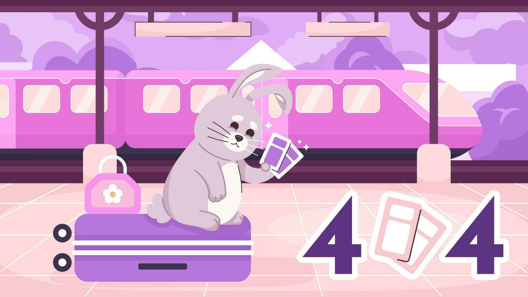 reiziger konijn Aan station fout 404 flash bericht. bagage konijn toerist. website landen bladzijde ui ontwerp. niet gevonden tekenfilm afbeelding, schattig gevoel. vector vlak illustratie met kawaii anime achtergrond