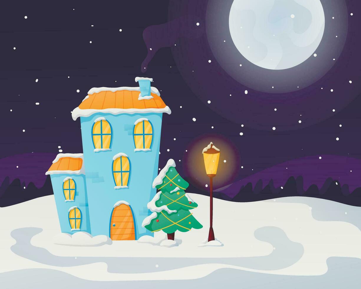 nacht Kerstmis winter landschap met maan en sneeuwval. een knus huis met licht in de ramen, bezaaid met sneeuw en drijft. vector