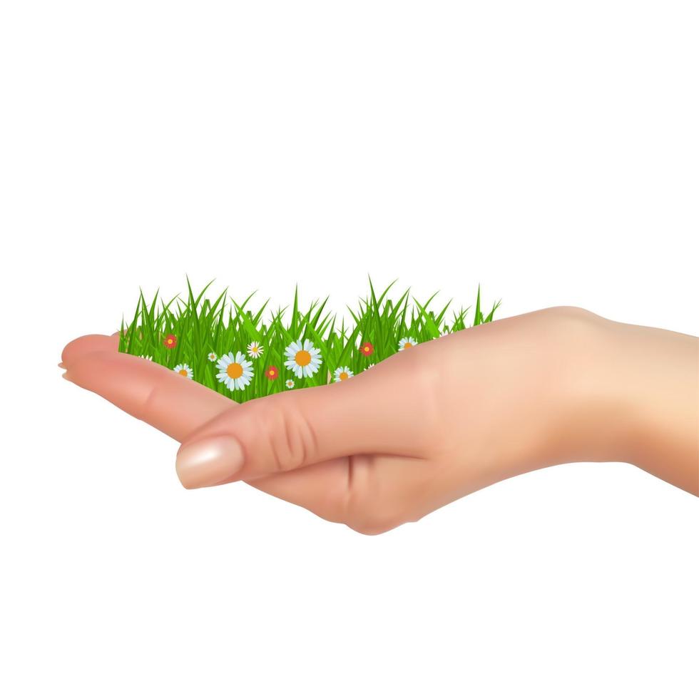 gras en bloemen in de hand. de lente komt eraan achtergrond. vector illustratie