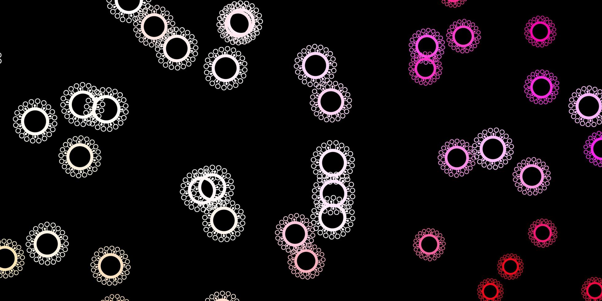 donkerroze, gele vectorachtergrond met covid-19 symbolen. vector