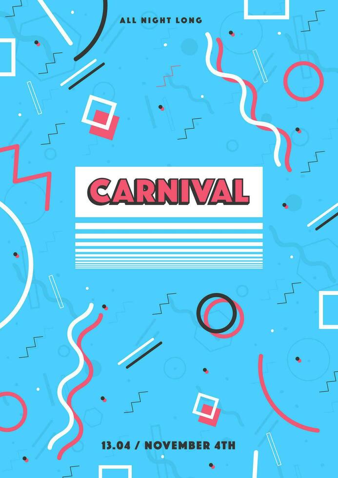 blauw carnaval poster. abstract jaren 80, 90s stijl retro achtergrond met plaats voor tekst. vector