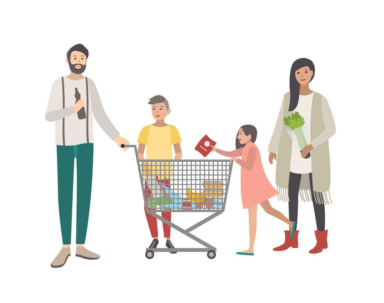 concept voor supermarkt of winkel. gelukkig familie, mensen met boodschappen doen kar. kleurrijk vlak vector illustratie.