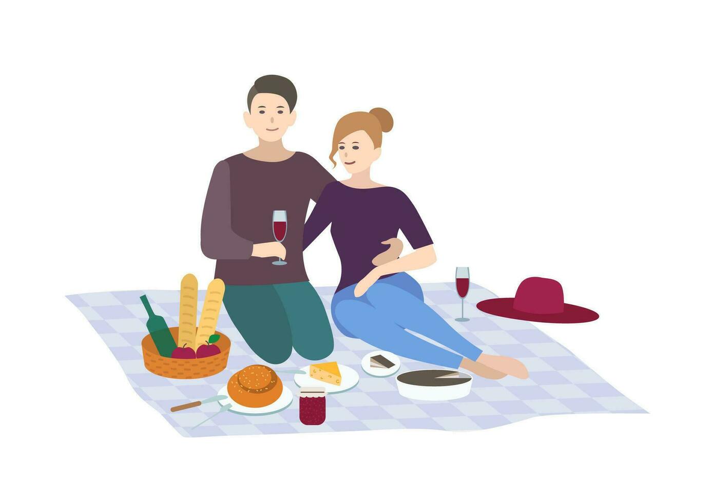 picknick, vector illustratie. paar samen buitenshuis kom tot rust. mensen recreatie tafereel in vlak stijl.