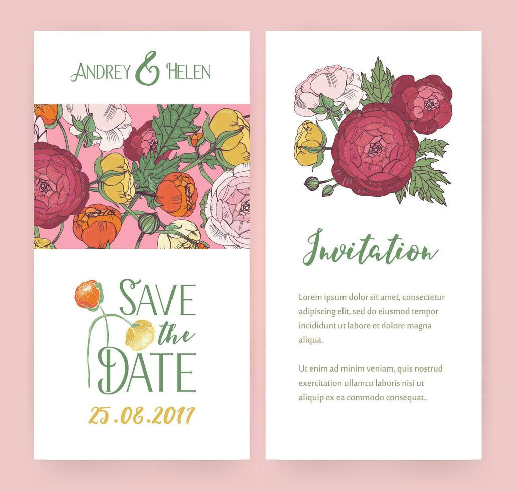 vector uitnodiging kaarten met ranonkel bloemen en kalligrafische brieven. bruiloft folder ontwerp.