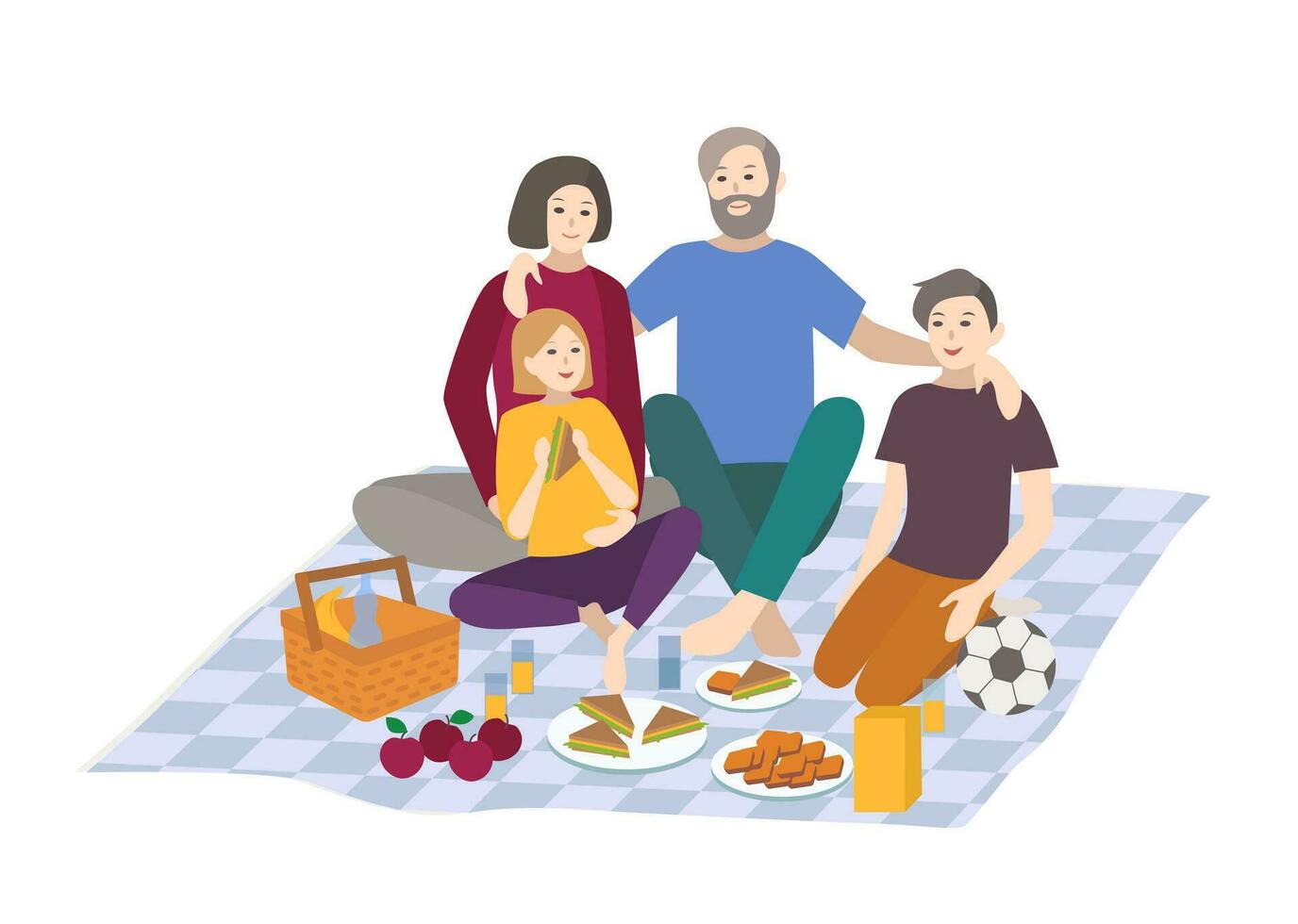 picknick, vector illustratie. familie met kinderen samen, buitenshuis kom tot rust. mensen recreatie tafereel in vlak stijl.