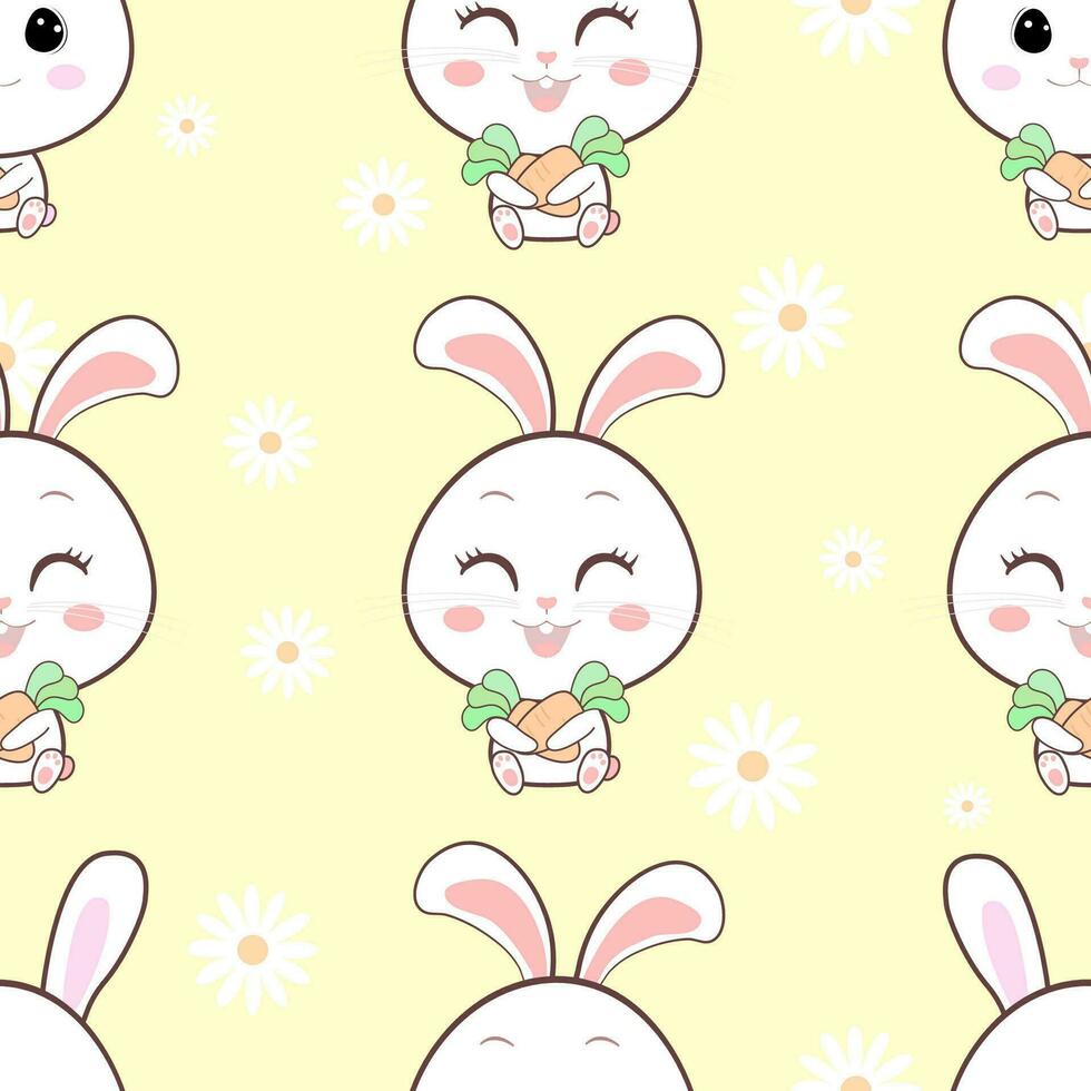 naadloos patroon met schattig konijn tekenfilm en bloemen Aan geel achtergrond illustratie vector