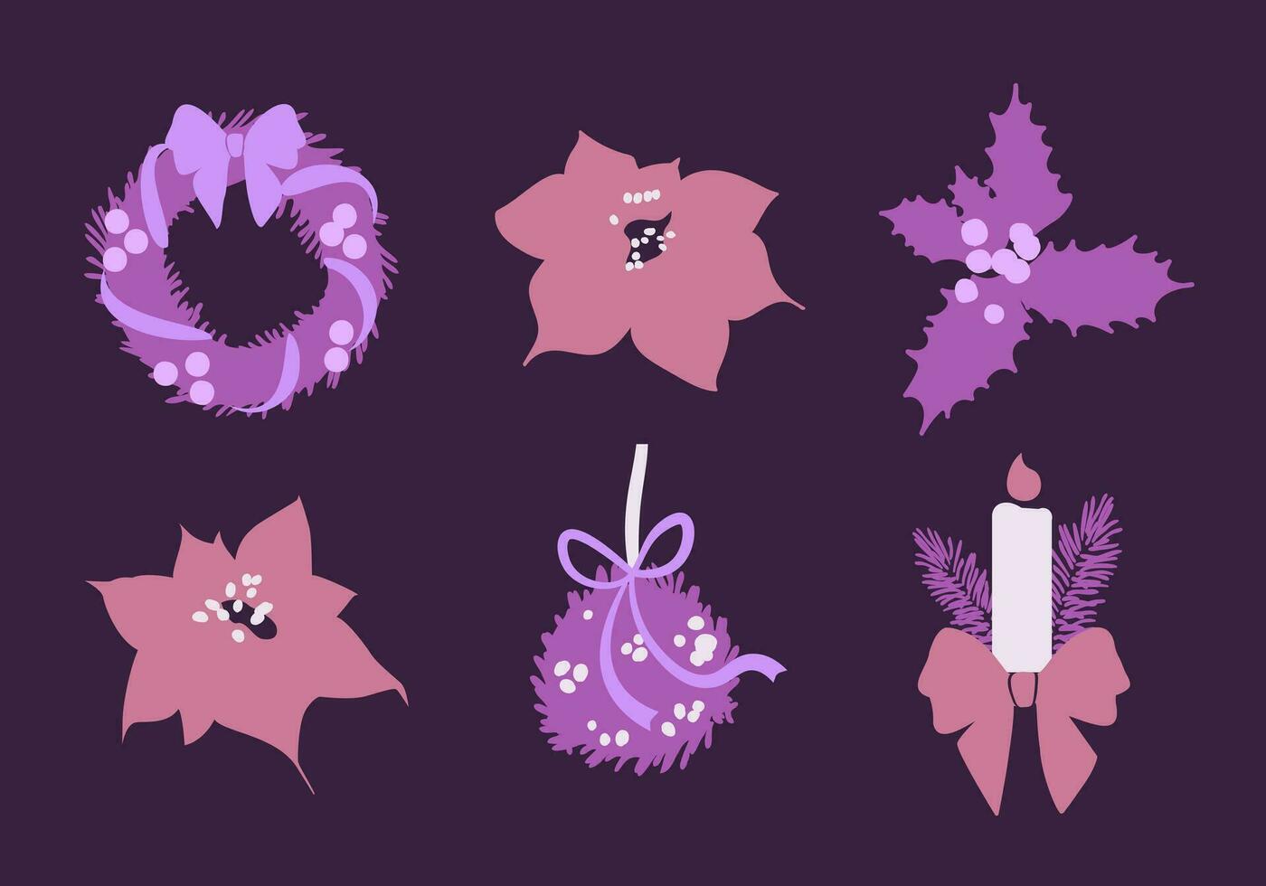 reeks van Kerstmis elementen. kerstster planten en bloemen, hulst bessen, maretak met een boog, een kaars met Spar takken en een boog. vector geïsoleerd elementen in Purper tinten.