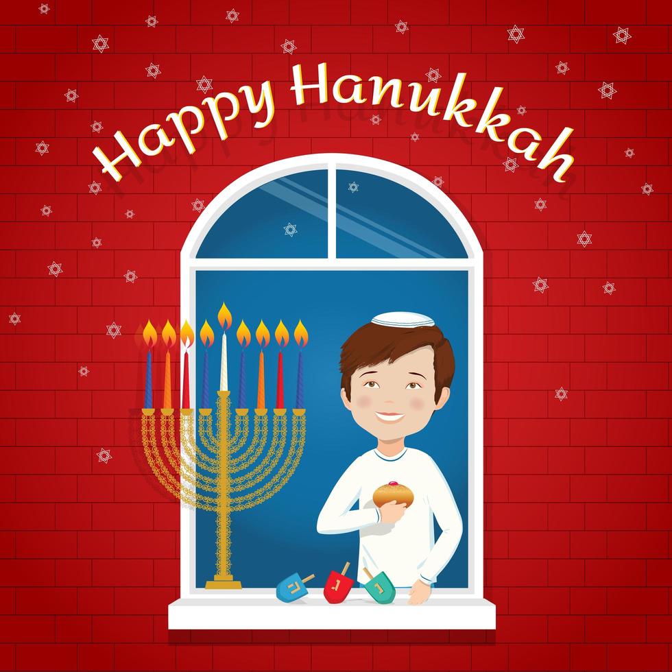 gelukkige hanukkah-wenskaart joodse vakantiejongen met traditionele symbolen vector