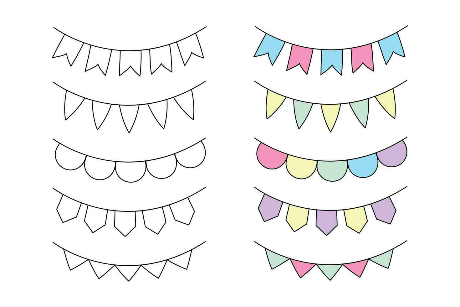 schattig kinderen minimalistisch kleur boek, slingers van vlaggen. kawaii tekening hand- getrokken clip art elementen, decoraties voor vakantie, festival, pastel kleuren. vector