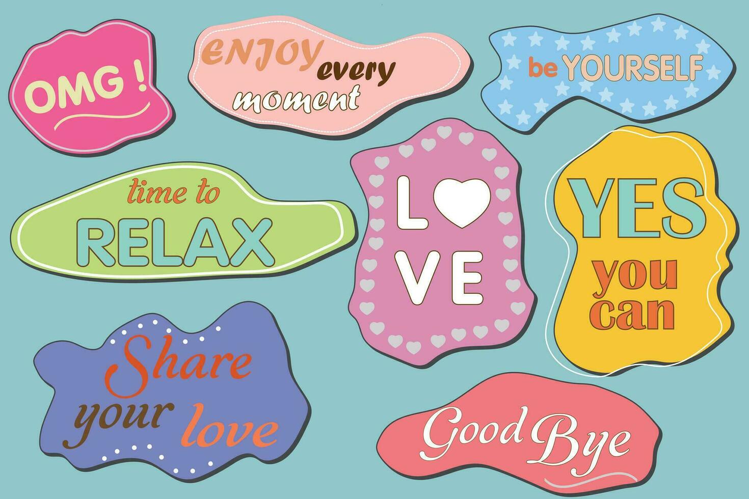 motiverende stickers set. schattig positief insignes, belettering, tekening citaten, stickers. vector. inspirerend citaten. worden jezelf, laat het worden enz. vector illustratie