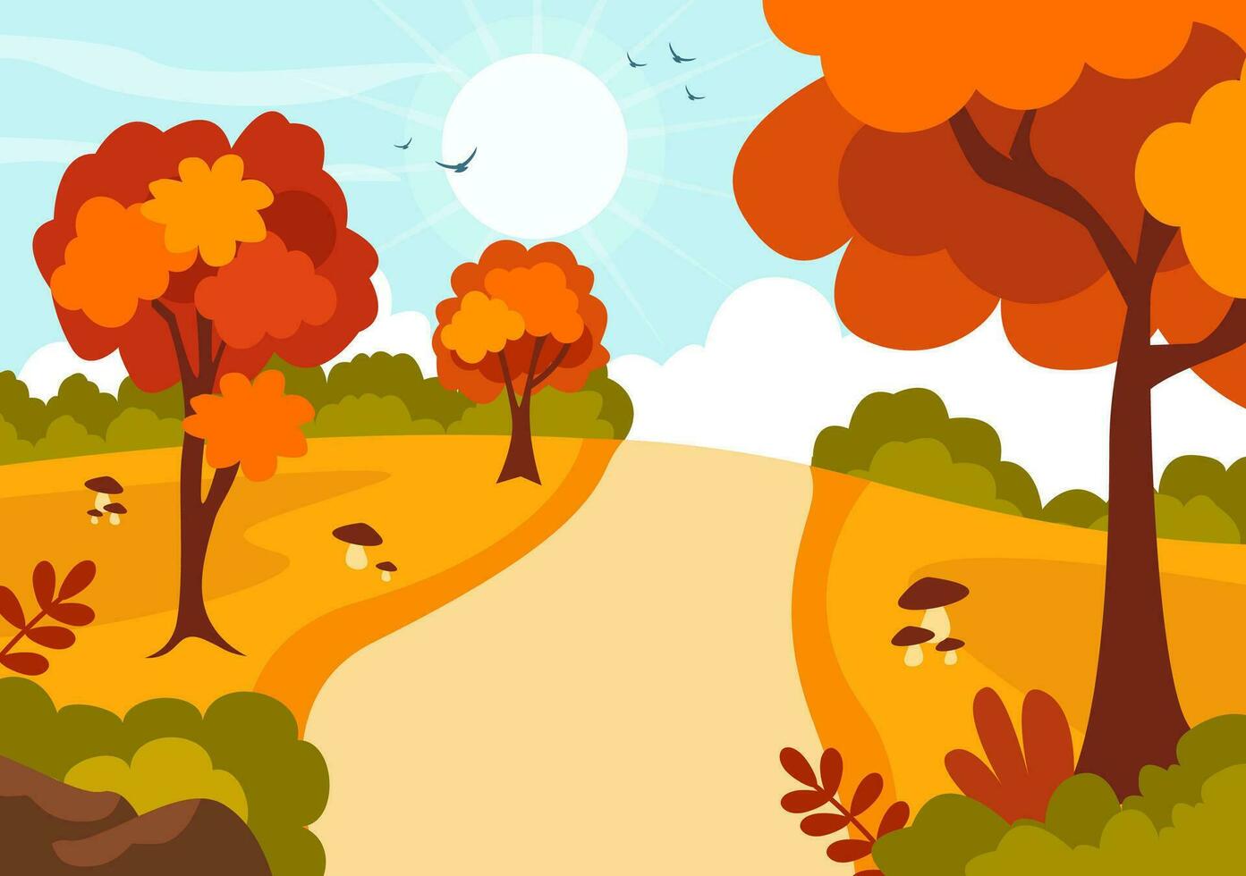 herfst landschap achtergrond vector illustratie met bergen, velden, bomen en vallen bladeren in vlak tekenfilm natuurlijk seizoen panorama Sjablonen