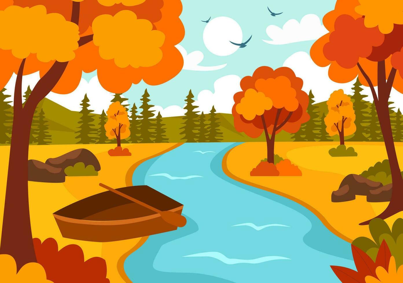 herfst landschap achtergrond vector illustratie met bergen, velden, bomen en vallen bladeren in vlak tekenfilm natuurlijk seizoen panorama Sjablonen