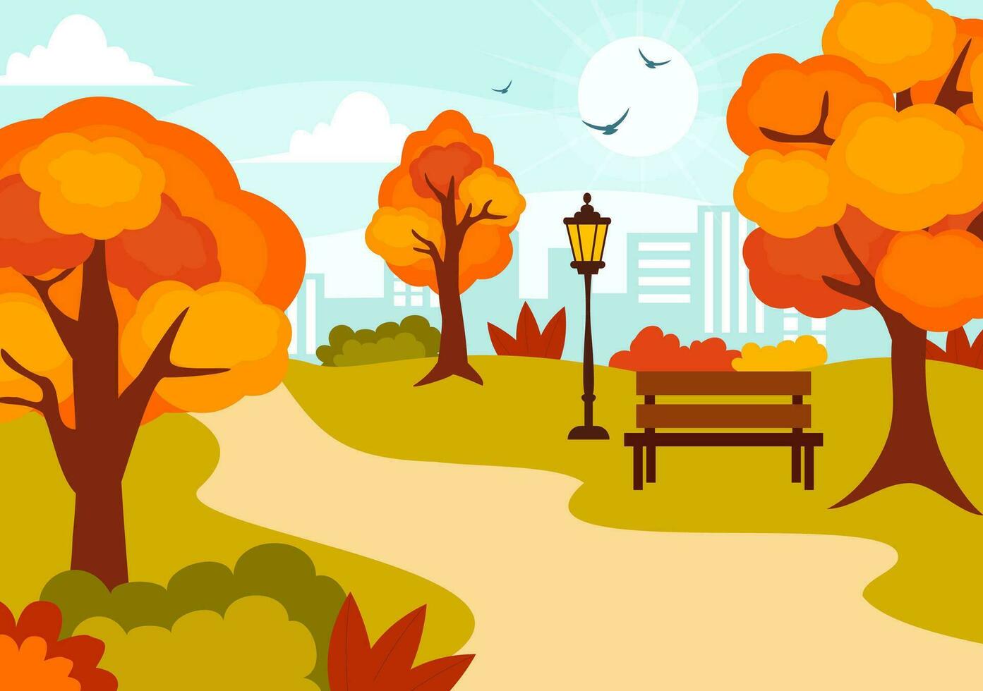 herfst landschap achtergrond vector illustratie met bergen, velden, bomen en vallen bladeren in vlak tekenfilm natuurlijk seizoen panorama Sjablonen