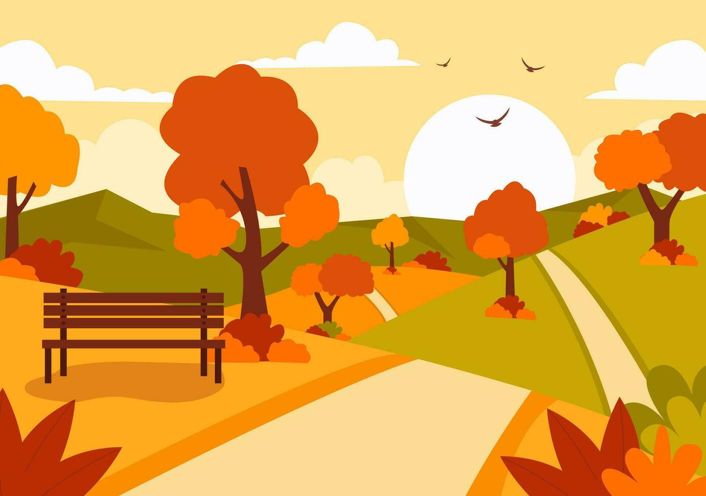 herfst landschap achtergrond vector illustratie met bergen, velden, bomen en vallen bladeren in vlak tekenfilm natuurlijk seizoen panorama Sjablonen