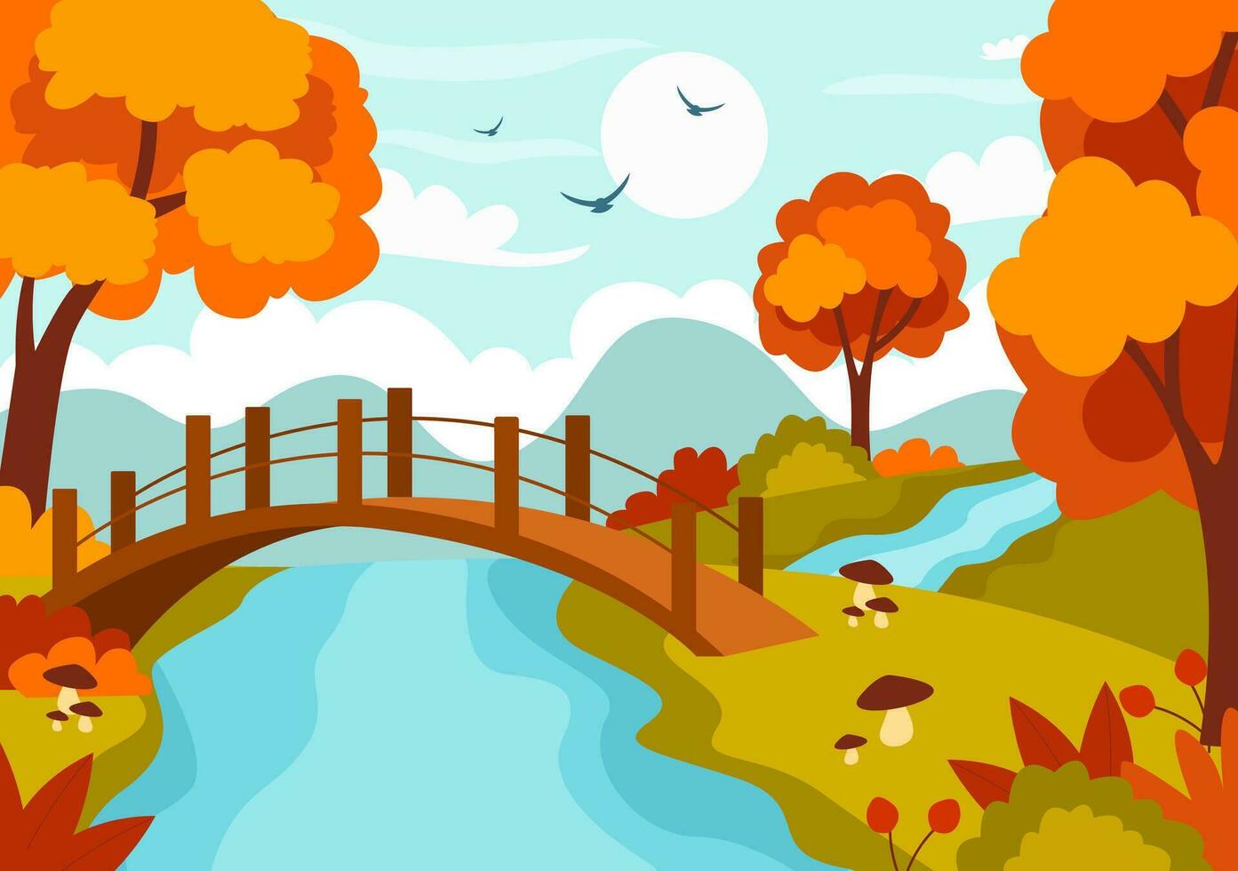 herfst landschap achtergrond vector illustratie met bergen, velden, bomen en vallen bladeren in vlak tekenfilm natuurlijk seizoen panorama Sjablonen