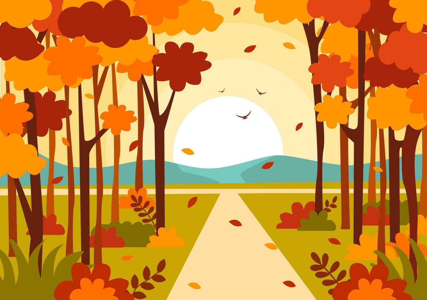 herfst landschap achtergrond vector illustratie met bergen, velden, bomen en vallen bladeren in vlak tekenfilm natuurlijk seizoen panorama Sjablonen