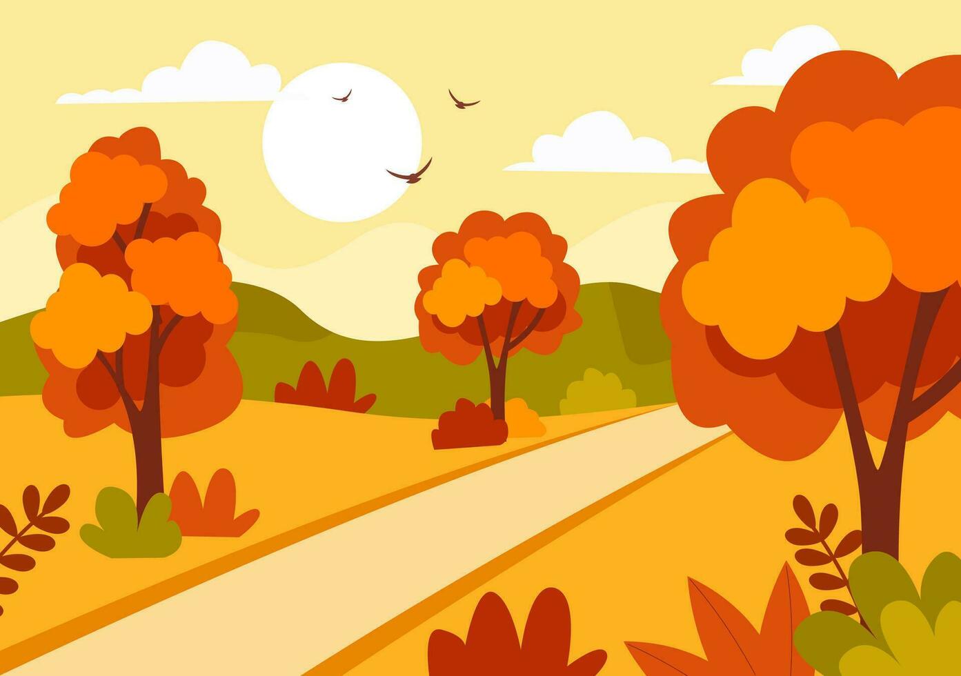 herfst landschap achtergrond vector illustratie met bergen, velden, bomen en vallen bladeren in vlak tekenfilm natuurlijk seizoen panorama Sjablonen