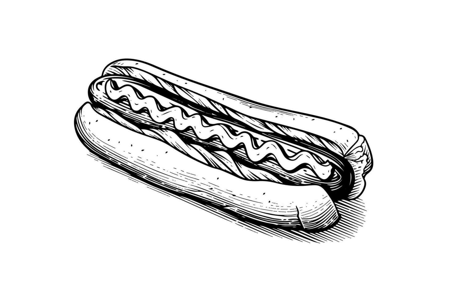 snel voedsel heet hond met worst en saus gravure schetsen vector illustratie.